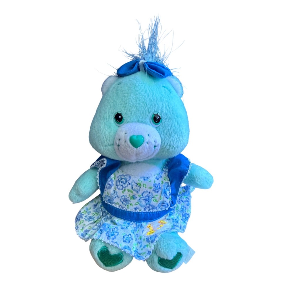 VTG Care Bears 2005 Wish Bear Teal Plush 8 Inch Shooting Star Blue Floral Dress